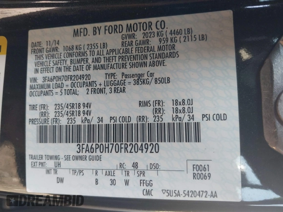 2015 Ford Fusion SE с VIN 3FA6P0H70FR204920, выставлен на аукционе IAAI как лот 42571388 с пробегом 123 979 миль миль и . История ставок и продаж доступна на DreamBid. Изображение 9.