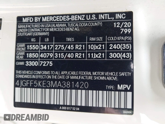 2021 Mercedes-Benz GLS 450 with VIN 4JGFF5KE3MA381420, listed as a IAAI auction lot 42055956 with 57,268 mi miles and . Bid and sale history available at DreamBid. Image 9.