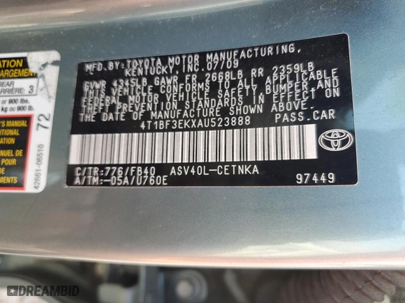 2010 Toyota Camry with VIN 4T1BF3EKXAU523888, listed as a Copart auction lot 54601175 with 132,575 mi miles and Clean Title. Bid and sale history available at carsss.com. Image 12.