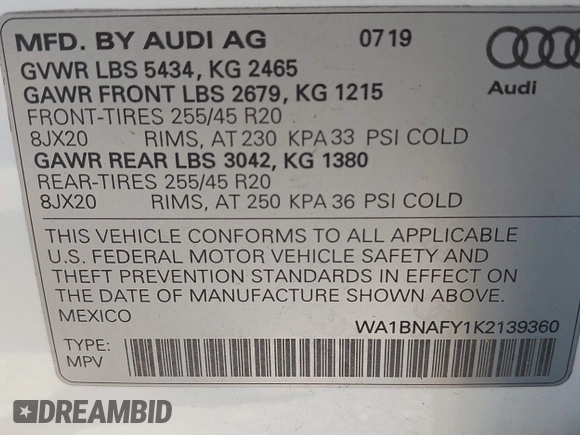 2019 Audi Q5 Premium Plus z VIN WA1BNAFY1K2139360, wystawiony jako IAAI lot #42465344 z przebiegiem 84 156 mil mil oraz . Historia ofert i sprzedaży dostępna na DreamBid. Obrazek 9.