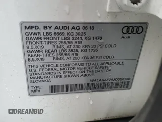 2018 Audi Q7 Premium with VIN WA1AAAF74JD050738, listed as a Copart auction lot 56587355 with 99,051 mi miles and Clean title. Bid and sale history available at DreamBid. Image 13.