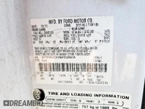 2011 Ford F-150 XL with VIN 1FTFW1CF8BFD26935, listed as a Copart auction lot 61136505 with 221,293 mi miles and Clean title. Bid and sale history available at DreamBid. Image 12.