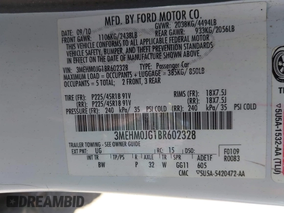 2011 Mercury Milan Premier with VIN 3MEHM0JG1BR602328, listed as a IAAI auction lot 42142461 with 105,857 mi miles and . Bid and sale history available at carsss.com. Image 9.