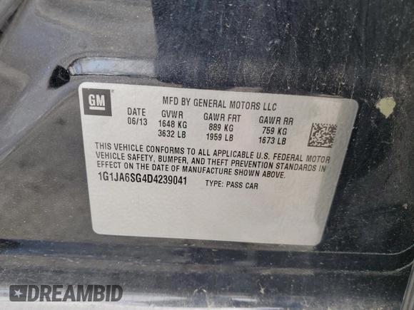 2013 Chevrolet Sonic LS with VIN 1G1JA6SG4D4239041, listed as a Copart auction lot 48250105 with 103,370 mi miles and Salvage title. Bid and sale history available at DreamBid. Image 12.