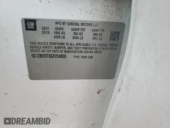 2016 Chevrolet Malibu LS with VIN 1G1ZB5ST0GF254555, listed as a Copart auction lot 60659925 with Not provided miles and Salvage title. Bid and sale history available at DreamBid. Image 12.