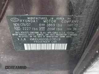 2008 Hyundai Elantra GLS z VIN KMHDU46D08U378519, wystawiony jako IAAI lot #42477163 z przebiegiem 145 481 mil mil oraz . Historia ofert i sprzedaży dostępna na DreamBid. Obrazek 9.