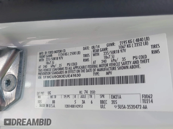 2014 Ford Escape SE с VIN 1FMCU9G93EUE41630, выставлен на аукционе IAAI как лот 42527438 с пробегом 82 508 миль миль и . История ставок и продаж доступна на DreamBid. Изображение 9.
