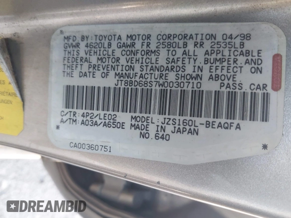 1998 Lexus GS 300 z VIN JT8BD68S7W0030710, wystawiony jako IAAI lot #41348383 z przebiegiem 138 082 mil mil oraz . Historia ofert i sprzedaży dostępna na DreamBid. Obrazek 9.