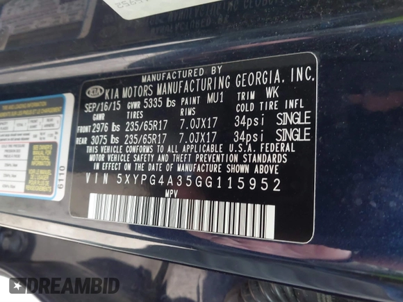 2016 Kia Sorento LX with VIN 5XYPG4A35GG115952, listed as a IAAI auction lot 41868467 with 96,000 mi miles. Bid and sale history available at carsss.com. Image 9.