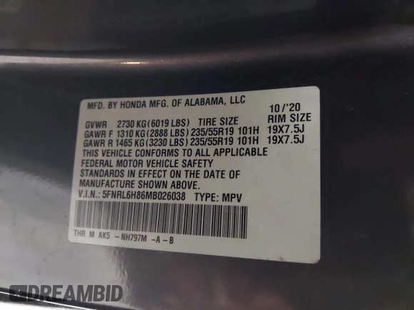 2021 Honda Odyssey Touring with VIN 5FNRL6H86MB026038, listed as a IAAI auction lot 41735249 with 68,480 mi miles. Bid and sale history available at carsss.com. Image 9.