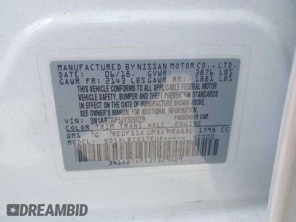 2018 Nissan Sentra SV с VIN 3N1AB7AP5JY329029, выставлен на аукционе IAAI как лот 42243555 с пробегом 120 773 миль миль и . История ставок и продаж доступна на DreamBid. Изображение 9.