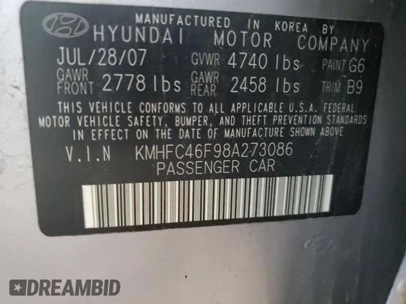 2008 Hyundai Azera Limited with VIN KMHFC46F98A273086, listed as a Copart auction lot 55390925 with 170,726 mi miles and Salvage title. Bid and sale history available at DreamBid. Image 13.