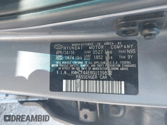 2016 Hyundai Accent SE with VIN KMHCT4AE8GU139832, listed as a IAAI auction lot 42037198 with 99,504 mi miles and . Bid and sale history available at DreamBid. Image 9.