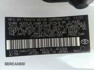 2022 Toyota Corolla SE with VIN JTDS4MCE9N3501583, listed as a IAAI auction lot 41525742 with 172,601 mi miles. Bid and sale history available at carsss.com. Image 9.