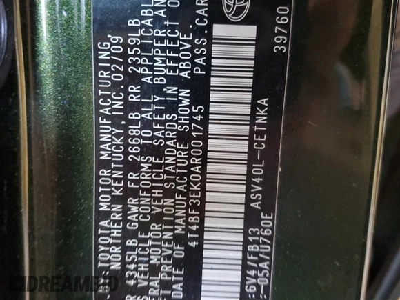 2010 Toyota Camry with VIN 4T4BF3EK0AR001745, listed as a Copart auction lot 53470435 with Not Provided miles and Salvage Title. Bid and sale history available at DreamBid. Image 12.