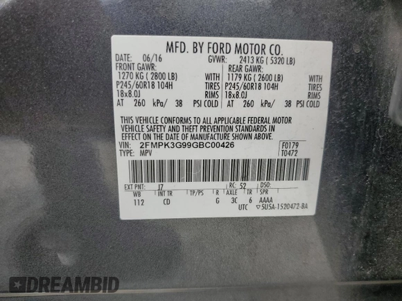 2016 Ford Edge SE with VIN 2FMPK3G99GBC00426, listed as a Copart auction lot 65977275 with 195,752 mi miles and Clean title. Bid and sale history available at DreamBid. Image 13.