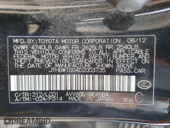 2013 Lexus ES 300h with VIN JTHBW1GG4D2003735, listed as a Copart auction lot 54612685 with 130,280 mi miles and Salvage Title. Bid and sale history available at DreamBid. Image 12.