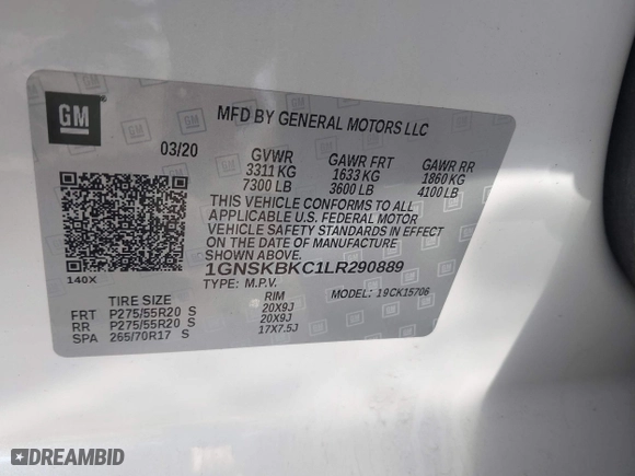 2020 Chevrolet Tahoe LT with VIN 1GNSKBKC1LR290889, listed as a IAAI auction lot 41492821 with 107,843 mi miles. Bid and sale history available at carsss.com. Image 9.