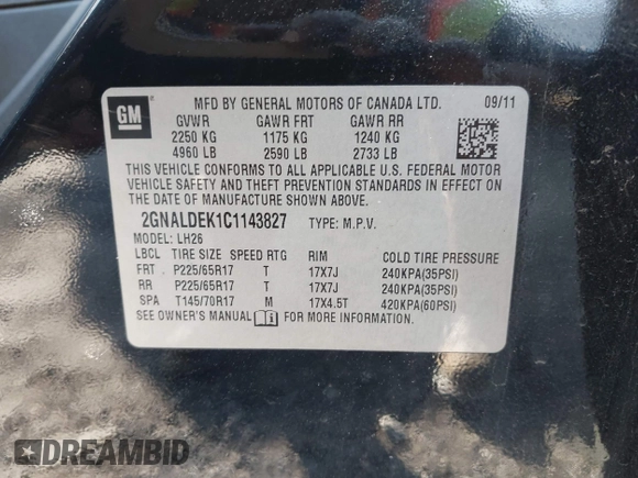 2012 Chevrolet Equinox LT w/1LT with VIN 2GNALDEK1C1143827, listed as a IAAI auction lot 41963820 with 173,575 mi miles. Bid and sale history available at carsss.com. Image 9.