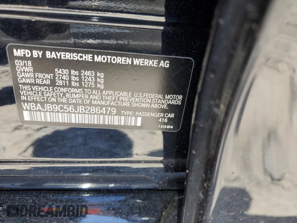 2018 BMW 5 Series M550i xDrive with VIN WBAJB9C56JB286479, listed as a Copart auction lot 57108645 with 71,782 mi miles and Salvage title. Bid and sale history available at DreamBid. Image 12.