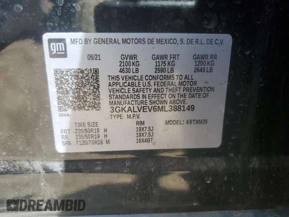 2021 GMC Terrain SLT с VIN 3GKALVEV6ML388149, выставлен на аукционе Copart как лот 55681285 с пробегом 44 773 миль миль и Списание • Salvage title. История ставок и продаж доступна на DreamBid. Изображение 13.