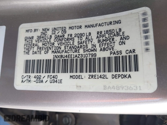 2010 Toyota Corolla with VIN 1NXBU4EE1AZ310799, listed as a IAAI auction lot 42672763 with 174,970 mi miles and . Bid and sale history available at DreamBid. Image 9.