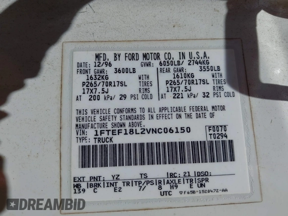 1997 Ford F-150 with VIN 1FTEF18L2VNC06150, listed as a IAAI auction lot 42051728 with Not provided miles and . Bid and sale history available at DreamBid. Image 9.