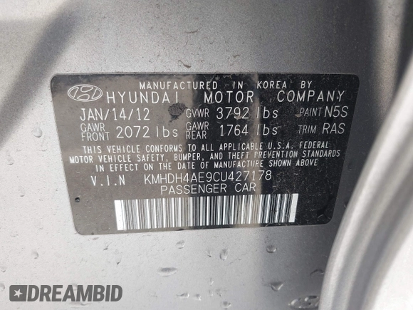 2012 Hyundai Elantra GLS with VIN KMHDH4AE9CU427178, listed as a IAAI auction lot 41654714 with 94,243 mi miles and . Bid and sale history available at DreamBid. Image 9.