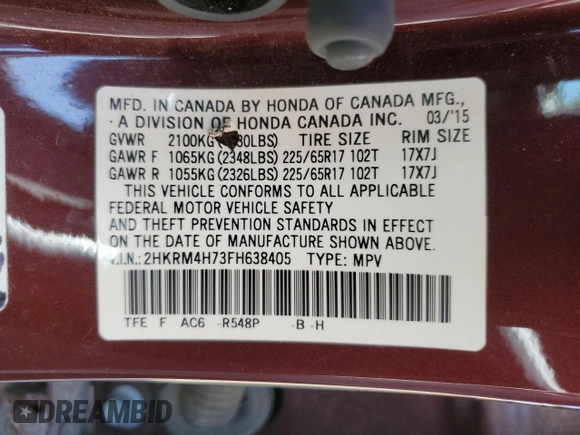 2015 Honda CR-V EX-L with VIN 2HKRM4H73FH638405, listed as a Copart auction lot 52294205 with 102,984 mi miles and Salvage Title. Bid and sale history available at carsss.com. Image 15.