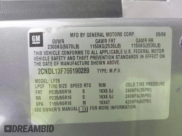 2006 Chevrolet Equinox LS with VIN 2CNDL13F766190289, listed as a IAAI auction lot 41722531 with 1 mi miles. Bid and sale history available at carsss.com. Image 9.