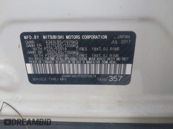 2017 Mitsubishi Outlander ES with VIN JA4AP3AU7HZ070874, listed as a IAAI auction lot 42567027 with 111,170 mi miles and . Bid and sale history available at DreamBid. Image 9.