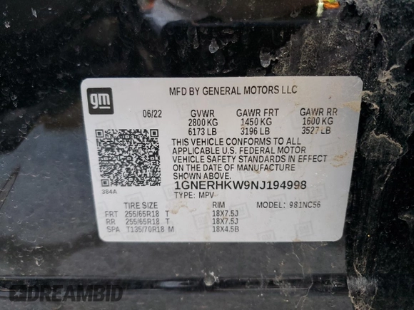 2022 Chevrolet Traverse LT Leather with VIN 1GNERHKW9NJ194998, listed as a Copart auction lot 46131745 with 43,684 mi miles and Salvage Title. Bid and sale history available at carsss.com. Image 13.