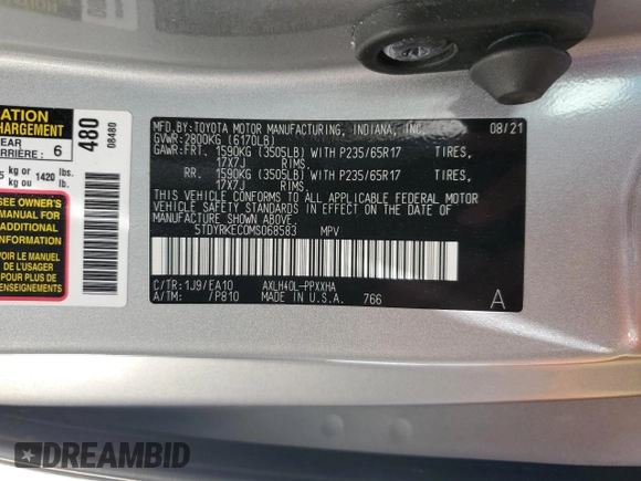 2021 Toyota Sienna XLE with VIN 5TDYRKEC0MS068583, listed as a Copart auction lot 53521605 with 66,162 mi miles and Salvage title. Bid and sale history available at DreamBid. Image 14.