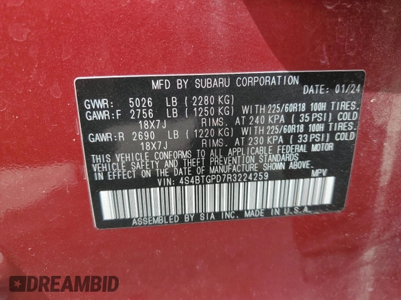 2024 Subaru Outback Touring XT z VIN 4S4BTGPD7R3224259, wystawiony jako Copart lot #61653635 z przebiegiem 14 515 mil mil oraz Szkoda całkowita • Salvage title. Historia ofert i sprzedaży dostępna na DreamBid. Obrazek 14.