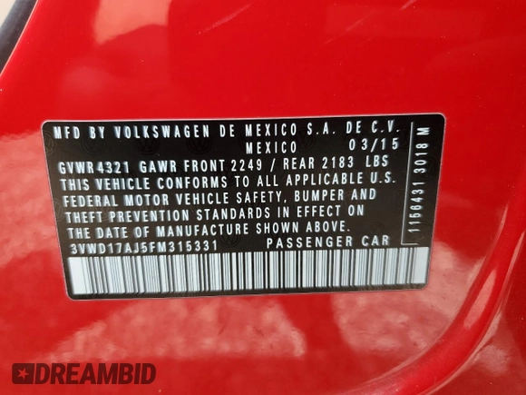 2015 Volkswagen Jetta SE with VIN 3VWD17AJ5FM315331, listed as a Copart auction lot 65616245 with 114,436 mi miles and Salvage title. Bid and sale history available at DreamBid. Image 12.