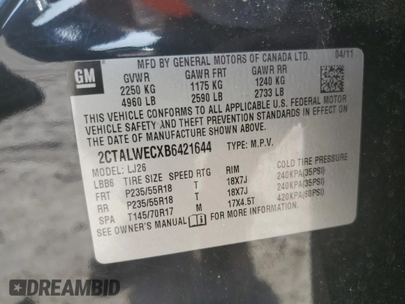 2011 GMC Terrain SLT-2 with VIN 2CTALWECXB6421644, listed as a Copart auction lot 55462275 with 100,033 mi miles and Clean Title. Bid and sale history available at carsss.com. Image 12.