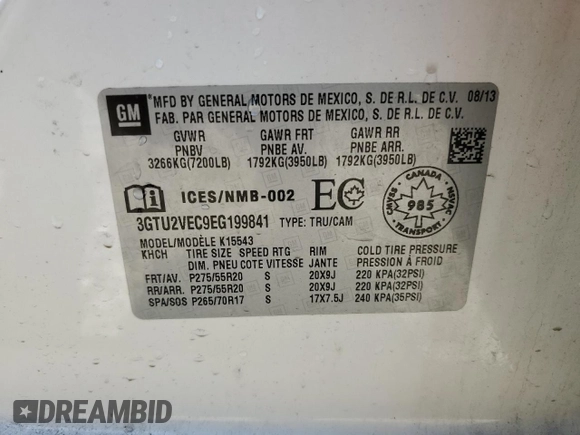 2014 GMC Sierra 1500 SLT with VIN 3GTU2VEC9EG199841, listed as a Copart auction lot 51995185 with 171,214 mi miles and Salvage Title. Bid and sale history available at DreamBid. Image 12.