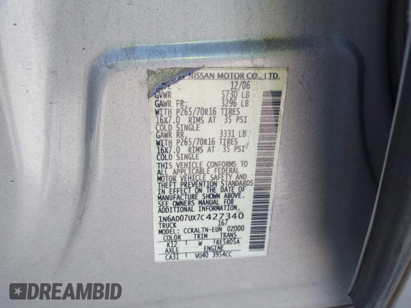 2007 Nissan Frontier SE with VIN 1N6AD07UX7C427340, listed as a IAAI auction lot 42664098 with 211,396 mi miles and . Bid and sale history available at DreamBid. Image 9.