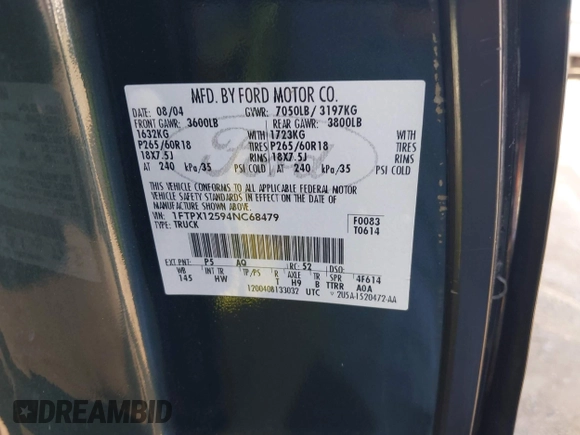 2004 Ford F-150 XL with VIN 1FTPX12594NC68479, listed as a IAAI auction lot 42217394 with 225,109 mi miles and . Bid and sale history available at DreamBid. Image 9.