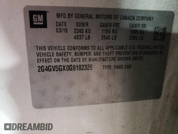 2016 Buick Regal GS with VIN 2G4GV5GX0G9182326, listed as a Copart auction lot 78539434 with 75,131 mi miles and Salvage Title. Bid and sale history available at DreamBid. Image 12.