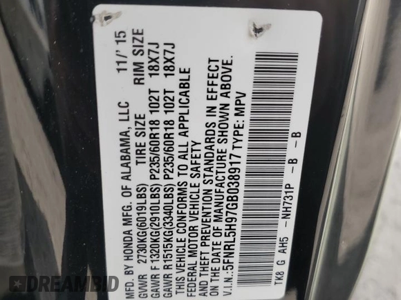 2016 Honda Odyssey Touring Elite with VIN 5FNRL5H97GB038917, listed as a Copart auction lot 54479375 with 165,432 mi miles and Salvage Title. Bid and sale history available at DreamBid. Image 13.
