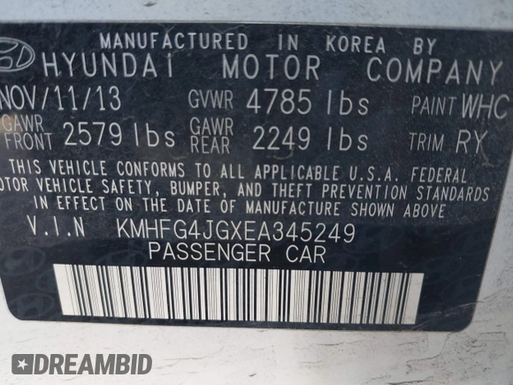 2014 Hyundai Azera with VIN KMHFG4JGXEA345249, listed as a IAAI auction lot 42118221 with 66,567 mi miles and . Bid and sale history available at carsss.com. Image 9.