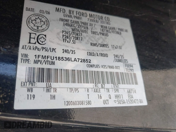 2006 Ford Expedition Eddie Bauer z VIN 1FMFU18536LA72852, wystawiony jako IAAI lot #42837736 z przebiegiem 228 878 mil mil oraz . Historia ofert i sprzedaży dostępna na DreamBid. Obrazek 9.