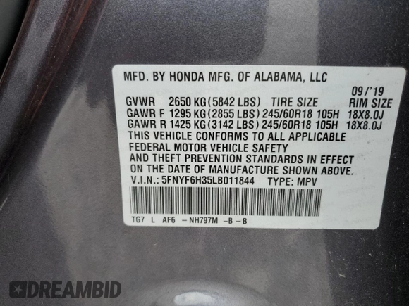 2020 Honda Pilot EX z VIN 5FNYF6H35LB011844, wystawiony jako Copart lot #50884925 z przebiegiem 62 852 mil mil oraz Szkoda całkowita • Salvage title. Historia ofert i sprzedaży dostępna na DreamBid. Obrazek 13.
