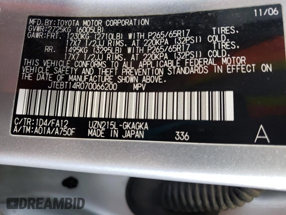 2007 Toyota 4Runner SR5 with VIN JTEBT14R070066200, listed as a Copart auction lot 71822674 with 84,011 mi miles and Salvage Title. Bid and sale history available at DreamBid. Image 14.
