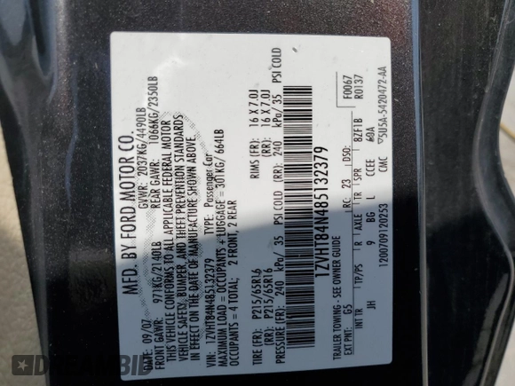 2008 Ford Mustang Deluxe with VIN 1ZVHT84N485132379, listed as a Copart auction lot 55157085 with 102,490 mi miles and Salvage title. Bid and sale history available at DreamBid. Image 12.
