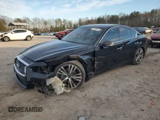 2021 Infiniti Q50 Signature Edition with VIN JN1EV7CP7MM700575, listed as a Copart auction lot 87163414 with 92,864 mi miles and Salvage title. Bid and sale history available at DreamBid. Image 1.