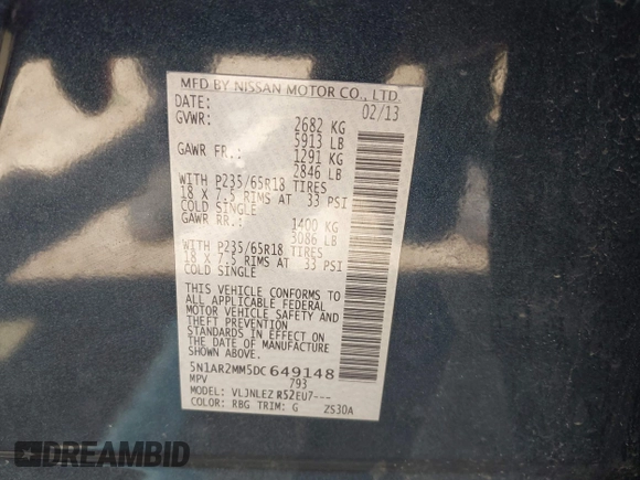 2013 Nissan Pathfinder S with VIN 5N1AR2MM5DC649148, listed as a IAAI auction lot 42126951 with 152,678 mi miles. Bid and sale history available at carsss.com. Image 9.