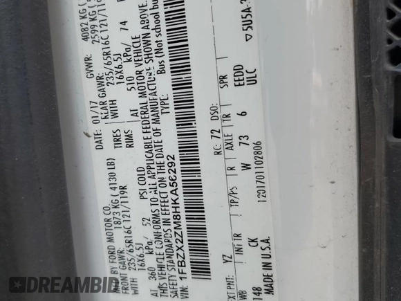 2017 Ford Transit XL with VIN 1FBZX2ZM8HKA56292, listed as a Copart auction lot 55224775 with Not provided miles and Salvage title. Bid and sale history available at DreamBid. Image 14.
