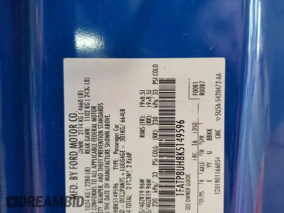2019 Ford Mustang EcoBoost with VIN 1FATP8UH8K5149596, listed as a Copart auction lot 64759065 with 56,011 mi miles and Salvage title. Bid and sale history available at DreamBid. Image 12.